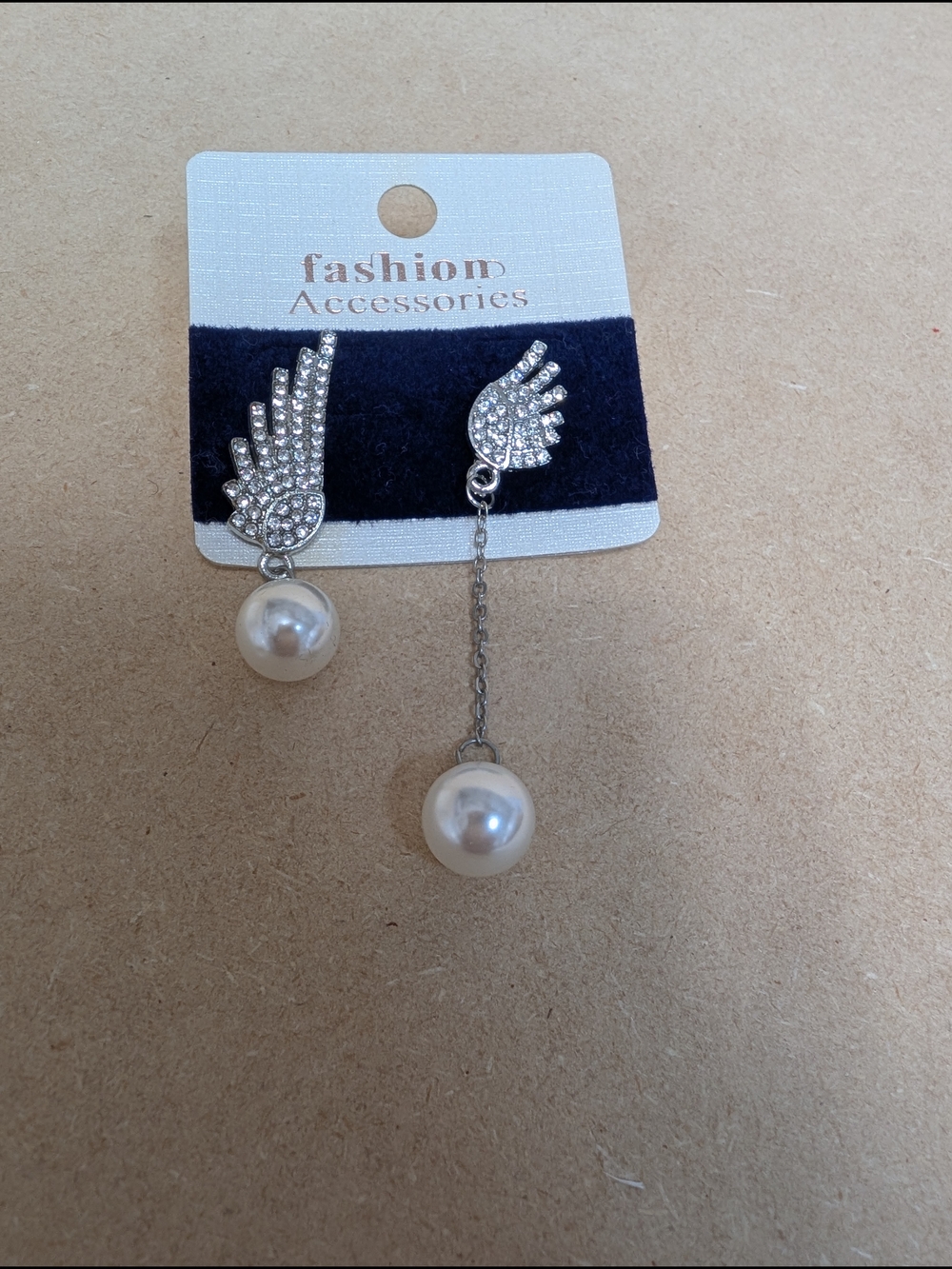 Silver Rhinestone Angel Wing Earrings with Ivory Pearl Drops Asymmetric